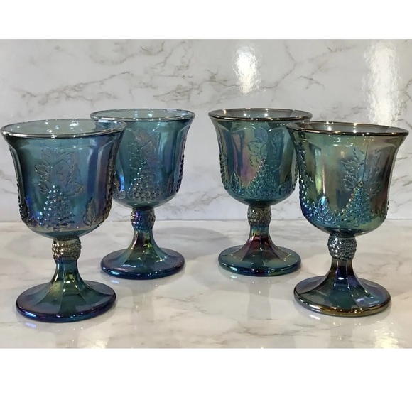 FOUR Vintage Colony by Indiana Glass Blue Harvest Carnival Glass Goblets MINT! - Picture 9 of 12